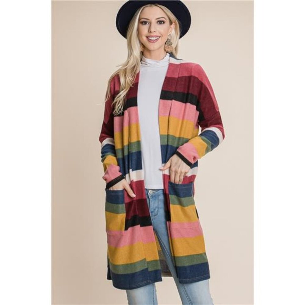 NWT BOMBOM Color Block Striped Open Front Cardigan, Pockets, Made in USA, Fall